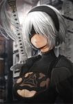  1girl black_dress blindfold breasts cleavage dress hairband highres mole mole_under_mouth nier_(series) nier_automata origin_(fefnir_nightload) puffy_sleeves silver_hair solo sword weapon yorha_no._2_type_b 