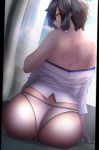  1girl ass bare_shoulders big.g black_hair closed_mouth curtains day from_behind highres kaga_(kantai_collection) kantai_collection looking_at_viewer looking_back off_shoulder panties profile short_hair sittin solo sunlight underwear white_panties yellow_eyes 