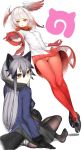  2girls absurdres animal_ears ass bangs bird_tail black_gloves black_legwear black_shoes black_skirt blunt_bangs crested_ibis_(kemono_friends) crotch_seam emokakimasu fox_ears fox_tail frilled_sleeves frills fur_trim gloves grey_hair hair_between_eyes head_wings highres jacket kemono_friends long_hair long_sleeves looking_at_viewer medium_hair miniskirt multicolored_hair multiple_girls no_shoes outstretched_arms panties panties_under_pantyhose pantyhose pantyshot pleated_skirt red_legwear red_skirt shirt shoes silver_fox_(kemono_friends) silver_hair simple_background sitting skirt skirt_lift tail thigh_gap two-tone_hair underwear white_panties white_shirt wide_sleeves yellow_eyes 