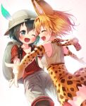  2girls ;d ^_^ ^_^print_skirt animal_ears backpack bag black_gloves black_hair blonde_hair blue_eyes cat_ears cat_tail closed_eyes elbow_gloves gloves hat kaban kemono_friends matokechi multiple_girls one_eye_closed open_mouth outstretched_arms pantyhose print_gloves print_skirt serval_(kemono_friends) short_hair shorts skirt smile tail yellow_gloves 