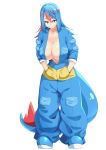  &gt;:) 1girl baggy_pants blue_hair blue_shoes breast_pocket breasts cleavage collarbone fangs female feraligatr full_body hair_between_eyes hands_in_pockets highres huge_breasts jumpsuit long_hair looking_at_viewer multicolored_hair navel pants personification pocket pokemon pokemon_(creature) pokemon_(game) redhead shoes short_eyebrows solo standing tail toudori tsurime two-tone_hair white_background yellow_eyes 