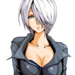  1girl angel_(kof) artist_request black_jacket breasts cleavage collarbone grey_eyes hair_over_one_eye jacket large_breasts looking_at_viewer parted_lips short_hair silver_hair solo the_king_of_fighters upper_body white_background 