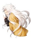  1boy black_gloves fang fox_shadow_puppet gloves highres hokora_(n70) japanese_clothes kogitsunemaru male_focus open_mouth partly_fingerless_gloves profile red_eyes smile touken_ranbu white_hair 