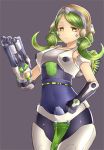  1girl arm_cannon armband bodysuit breasts commentary_request drill_hair expressionless facial_mark gloves green_hair gun hand_on_hip headgear highres loincloth looking_at_viewer mecha_musume navel neit_ni_sei orisa_(overwatch) overwatch personification purple_background robot_ears single_glove sleeveless solo thigh-highs tight twin_drills twintails upper_body weapon yellow_eyes 