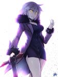  1girl bangs black_dress blonde_hair breasts cleavage commentary_request dress evil_smile eyebrows_visible_through_hair fate/grand_order fate_(series) fur_coat gesugao holding holding_sword holding_weapon jeanne_alter long_sleeves looking_at_viewer medium_breasts ruler_(fate/apocrypha) short_hair simple_background smile smirk solo sword tomoyohi weapon white_background yellow_eyes 