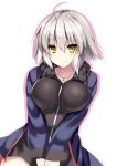  1girl adapted_costume ahoge alternate_costume black_dress blonde_hair breasts commentary_request dress eyebrows_visible_through_hair fate/grand_order fate_(series) fur_coat fur_trim hair_between_eyes jeanne_alter jewelry large_breasts long_sleeves looking_at_viewer necklace ruler_(fate/apocrypha) ryokushiki_(midori-ya) short_hair smile solo v_arms yellow_eyes 
