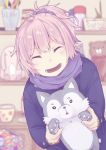  1girl ^_^ ^o^ aoba_(kantai_collection) blue_coat blue_scarf blurry closed_eyes cup depth_of_field doll kantai_collection long_sleeves open_mouth pen pink_hair ponytail scarf shikajima_shika short_hair smile solo stuffed_animal stuffed_toy teddy_bear 