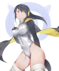  1girl black_gloves black_hair blue_eyes breasts covered_navel emperor_penguin_(kemono_friends) gloves hana_mori headphones kemono_friends leotard long_hair medium_breasts solo thigh-highs white_background white_legwear 