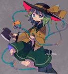  1girl axe black_hat black_shoes blue_eyes bow character_name crying crying_with_eyes_open daizu_(melon-lemon) green_hair green_skirt grey_background hat heart heart_of_string komeiji_koishi long_sleeves shirt shoes short_hair skirt solo sweat tears third_eye touhou wavy_mouth weapon wide_sleeves yellow_bow yellow_shirt 