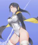  1girl black_gloves black_hair blue_background blue_eyes breasts covered_navel emperor_penguin_(kemono_friends) gloves hana_mori headphones kemono_friends leotard long_hair medium_breasts solo thigh-highs white_legwear 