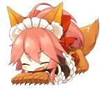  1girl alternate_costume animal_ears apron bell bell_collar chibi closed_eyes collar enmaided fang fate/grand_order fate_(series) fox_ears fox_tail hair_ribbon long_hair lowres maid maid_apron maid_headdress open_mouth paws pink_hair ribbon simple_background solo tail tamamo_(fate)_(all) tamamo_cat_(fate) tougetsu_hajime waist_apron white_background 