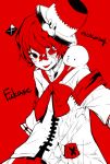  1boy :p bandaid bandaid_on_nose character_name coat flag fukase hat head_flag headset looking_at_viewer male_focus mizuhoshi_taichi monochrome on_shoulder point_(vocaloid) red_background red_eyes short_hair simple_background smile tongue tongue_out top_hat upper_body veins vocaloid 