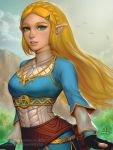  1girl blonde_hair green_eyes hair_ornament hairclip highres long_hair looking_at_viewer mirco_cabbia parted_lips pointy_ears princess_zelda solo the_legend_of_zelda the_legend_of_zelda:_breath_of_the_wild upper_body 