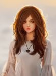  1girl absurdres backlighting bangs blurry brown_eyes brown_hair commentary depth_of_field freckles head_tilt heart heart_necklace highres lemon_cat long_hair looking_at_viewer original parted_lips photo_reference realistic shirt solo swept_bangs white_shirt 