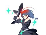  1girl bare_shoulders belt blue_hair breasts cleavage dress glasses hat little_witch_academia long_hair multicolored_hair ponytail red_eyes redhead shiny_chariot smile solo two-tone_hair ultrastar ursula_(little_witch_academia) witch witch_hat 