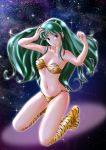  1girl animal_print bikini blue_eyes boots green_hair highres horns kneeling long_hair looking_at_viewer lum neko_mari night night_sky oni pointy_ears sky solo star_(sky) starry_sky swimsuit tiger_print urusei_yatsura 