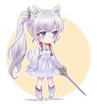  1girl animal_ears blue_eyes blush boots chibi commentary_request dog_ears dog_tail earrings eye_scar iesupa jewelry myrtenaster necklace ponytail rwby solo tail weiss_schnee white_hair 