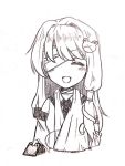  1girl :d bandage_over_one_eye bangs blush commentary_request detached_sleeves efukei frog_hair_ornament greyscale hair_ornament hair_tubes holding kochiya_sanae long_hair monochrome one_eye_covered open_mouth simple_background smile snake_hair_ornament solo touhou upper_body white_background 