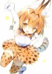  animal_ears breasts cat_ears cat_tail elbow_gloves gloves highres jumping kemono_friends large_breasts open_mouth orange_hair orange_skirt serval_(kemono_friends) serval_ears serval_tail skirt smile star tail thigh-highs yellow_eyes yoruneko 