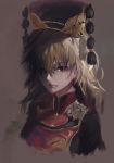  1girl asuzemu black_dress black_hat blonde_hair chinese_clothes dress expressionless grey_background hair_over_one_eye hat headdress junko_(touhou) light lips long_hair long_sleeves messy_hair red_eyes reflective_eyes simple_background solo tabard tassel touhou upper_body 