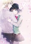  1boy 1girl awaya_mugi bangs black_hair black_skirt copyright_name couple flower hetero hug kuzu_no_honkai looking_at_viewer neck_ribbon petals pleated_skirt ribbon sandeul school_uniform short_hair skirt tobbang yasuraoka_hanabi 