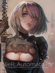  1girl artist_name black_dress blue_eyes breasts brown_gloves cleavage cleavage_cutout collarbone copyright_name dress eyelashes f.z gloves hand_up head_tilt highres holding holding_sword holding_weapon juliet_sleeves katana large_breasts lips long_sleeves looking_away medium_breasts mole mole_under_mouth nier_(series) nier_automata no_blindfold nose parted_lips pink_lips puffy_sleeves ribbed_dress short_hair silver_hair solo sword teeth turtleneck upper_body vambraces weapon yorha_no._2_type_b 