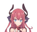  1girl :&gt; akino_sora bad_id bad_twitter_id bangs blue_eyes blush closed_mouth colored_eyelashes curled_horns eyebrows_visible_through_hair face fate/extra fate/extra_ccc fate_(series) finger_to_cheek hair_ribbon horns lancer_(fate/extra_ccc) long_hair pointy_ears purple_ribbon redhead ribbon simple_background smile solo upper_body white_background 