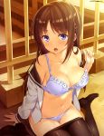  &gt;:o 1girl :o absurdres artist_name black_legwear blue_bra blue_eyes blue_panties bow bow_bra bow_panties bra breasts brown_hair cleavage collarbone dengeki_moeou eyebrows_visible_through_hair hair_ornament hairclip highres lace lace-trimmed_bra lace-trimmed_panties loafers long_hair looking_at_viewer navel no_pants open_clothes open_mouth open_shirt outdoors panties pantyhose pantyhose_pull shirt shoes sitting sleeves_past_wrists solo strap_slip underwear undressing wariza yuuki_hagure 