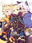  3boys animal_ears armor blonde_hair blue_eyes blush boy_sandwich capelet cat_ears circlet dark_skin dark_skinned_male dog_ears dog_tail eyepatch fang fire_emblem fire_emblem_if gloves heart highres kemonomimi_mode leon_(fire_emblem_if) male_focus multiple_boys odin_(fire_emblem_if) one_eye_closed red_eyes sandwiched simple_background sitting sparkle tail teeth white_background white_hair yamame_0807 yaoi zero_(fire_emblem_if) 