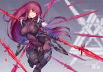  1girl 2d adapted_costume armor bangs blush bodysuit boots breasts commentary_request covered_navel eyebrows_visible_through_hair fate/grand_order fate_(series) gae_bolg gauntlets holding lance large_breasts long_hair looking_to_the_side metal_boots parted_lips polearm purple_bodysuit purple_hair red_eyes scathach_(fate/grand_order) solo standing thigh_gap very_long_hair weapon 