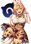  1girl :d animal_ears bare_shoulders belt blonde_hair bow bowtie breasts brown_eyes cat_ears cat_tail elbow_gloves gloves gluteal_fold japari_symbol kemono_friends large_breasts margay_(kemono_friends) open_mouth paw_pose serval_(kemono_friends) serval_ears serval_print serval_tail skindentation smile solo striped_tail tail thigh-highs yana_(nekoarashi) 