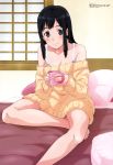  1girl absurdres barefoot bed black_eyes black_hair bra breasts cleavage collarbone copyright_name dress feet highres holding long_hair looking_at_viewer medium_breasts megami official_art ozeki_miyabi pillow seiren smile solo sweater sweater_dress toes touno_kyouko underwear window yellow_sweater 