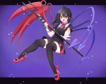  1girl antenna_hair asymmetrical_wings bangs black_dress black_hair black_legwear blush bow bowtie breasts dress frills full_body highres holding holding_weapon houjuu_nue letterboxed long_hair looking_at_viewer mary_janes polearm red_bow red_bowtie red_eyes red_shoes shoes short_dress small_breasts snake solo thigh-highs touhou trident weapon wings yukina_(masyumaro610) 