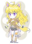  1girl animal_ears bandanna blonde_hair breasts chibi cleavage commentary_request ember_celica_(rwby) iesupa navel rwby solo tail violet_eyes yang_xiao_long 
