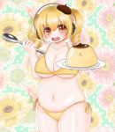 1girl belly beret bikini blonde_hair blush breasts cleavage collarbone cowboy_shot dot_nose eyebrows_visible_through_hair floral_background food hat headphones holding holding_plate holding_spoon large_breasts midriff nitroplus open_mouth orange_eyes panda017 plate plump pompompurin pudding sanrio short_twintails side-tie_bikini solo spoon string_bikini super_pochaco swimsuit thick_thighs thighs twintails under_boob 