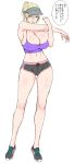  1girl alternate_costume alternate_hairstyle bare_shoulders black_eyes blonde_hair blush breasts camisole cleavage erect_nipples female full_body genderswap genderswap_(mtf) heterochromia huge_breasts looking_at_viewer navel parted_lips ponytail richard_(tales) shoes short_hair short_shorts shorts smile sneakers solo stomach stretch tales_of_(series) tales_of_graces translation_request usaginagomu visor_cap yellow_eyes 