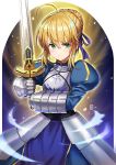  1girl 3:&lt; ahoge armor artist_name bangs blonde_hair blue_dress blue_ribbon braid breastplate closed_mouth cowboy_shot dress excalibur eyebrows_visible_through_hair fate/stay_night fate_(series) faulds french_braid gauntlets green_eyes hair_between_eyes hair_bun hair_ribbon hiroki_(hirokiart) holding holding_sword holding_weapon juliet_sleeves long_sleeves looking_at_viewer puffy_sleeves ribbon saber short_hair_with_long_locks sidelocks signature solo sword weapon 