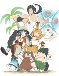  2boys 2girls anger_vein animal_ears backpack bag black_hair blonde_hair bucket_hat chappy_(papuwa) closed_eyes crossover elbow_gloves fan fish full_body gloves grass_skirt hat hat_feather itou-kun japanese_flag kaban kemono_friends looking_at_another lucky_beast_(kemono_friends) monster multiple_boys multiple_girls palm_tree pantyhose paper_fan papuwa papuwa_(character) ponytail sasaki_tatsuya serval_(kemono_friends) serval_ears serval_print serval_tail shintaro_(papuwa) short_hair shorts simple_background skirt smile snail tail tank_top tanno-kun tree white_background 