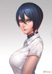  1girl badcompzero black_hair blue_eyes breasts gradient gradient_background grey_background lips looking_at_viewer original short_hair signature smile solo upper_body 