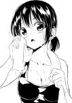  1girl :o arm_up attsun_(atsushi_jb) bangs black_hair blush breasts cleavage collarbone greyscale hair_ornament hair_scrunchie highres large_breasts looking_at_viewer monochrome open_mouth original scrunchie solo sweat sweating towel towel_around_neck upper_body wiping_face wiping_sweat 