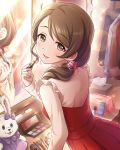  1girl artist_request brown_eyes brown_hair bunny_puppet hair_ornament idolmaster idolmaster_cinderella_girls lipstick long_hair looking_back low_ponytail makeup mirror mochida_arisa official_art puppet reflection solo stuffed_animal stuffed_bunny stuffed_toy 