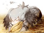  1girl :3 closed_eyes commentary_request gradient_hair head_wings kemono_friends long_hair lying multicolored_hair on_stomach shoebill_(kemono_friends) silver_hair sleeping solo straw_(stalk) tail tanaka_kusao translation_request twitter_username 