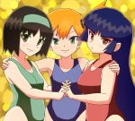  3girls black_hair breasts erika_(pokemon) gym_leader kasumi_(pokemon) long_hair multiple_girls nakaba natsume_(pokemon) orange_hair pokemon pokemon_(game) pokemon_rgby purple_hair red_eyes short_hair side_ponytail smile 