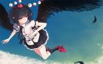  1girl above_clouds bangs bird_wings black_hair black_legwear black_necktie black_skirt black_wings closed_mouth day dress_shirt feathers flying frilled_skirt frills geta hat looking_away necktie pointy_ears pokan_(xz1128) pom_pom_(clothes) puffy_short_sleeves puffy_sleeves red_eyes shameimaru_aya shirt short_hair short_sleeves skirt smile socks solo tengu-geta tokin_hat touhou white_shirt wings 