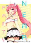  1girl bad_id bad_pixiv_id bandeau bangs bemani blush breasts cover cover_page doujin_cover eyebrows_visible_through_hair from_side hand_up long_hair looking_at_viewer looking_back medium_breasts midriff open_mouth petticoat pink_hair ponytail rasis shinoba sidelocks single_thighhigh skirt smile solo sound_voltex swept_bangs thigh-highs thigh_strap thighs twisted_torso very_long_hair violet_eyes white_legwear white_skirt 