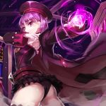 1girl armpits ass bangs bare_shoulders belt black_coat black_hat black_legwear black_panties black_skirt breasts closed_mouth cowboy_shot eyebrows_visible_through_hair fate/grand_order fate_(series) frills from_behind hat helena_blavatsky_(fate/grand_order) highres microskirt panties pantyshot pantyshot_(standing) purple_hair short_hair skirt small_breasts smile solo standing sue_sgr_u thigh-highs twisted_torso underwear violet_eyes 