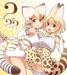  2girls :&lt;&gt; :d animal_ears blonde_hair bow bowtie cat_ears cat_tail claw_pose clenched_hand commentary cowboy_shot cross-laced_clothes dated elbow_gloves frilled_skirt frills from_behind from_side gloves hair_between_eyes hand_holding hiruma_neru kemono_friends light_brown_eyes looking_at_viewer multicolored_hair multiple_girls open_mouth orange_hair outline outstretched_leg paw_pose sand_cat_(kemono_friends) serval_(kemono_friends) serval_ears serval_print serval_tail shirt short_hair skirt sleeveless sleeveless_shirt smile streaked_hair striped_tail tail tareme teeth white_outline white_shirt yellow_eyes 