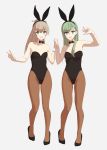  2girls :d animal_ears armpits arms_up bangs bare_arms bare_shoulders black_bow black_bowtie black_legwear black_leotard blue_eyes blush bow bowtie breasts bunnysuit collarbone detached_collar fake_animal_ears full_body green_hair grey_background groin hair_ornament hairband hairclip hand_holding happy headgear high_heels high_ponytail highleg highleg_leotard highres interlocked_fingers kantai_collection kumano_(kantai_collection) legs leotard light_brown_hair long_hair looking_at_viewer medium_breasts multiple_girls open_mouth pantyhose ponytail rabbit_ears see-through simple_background small_breasts smile standing standing_on_one_leg strapless strapless_leotard suzuya_(kantai_collection) swept_bangs thigh_gap touyama_eight w wrist_cuffs 