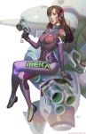  1girl acronym alternate_color animal_print artist_name bangs bodysuit bracer breasts brown_eyes brown_hair bunny_print charm_(object) clothes_writing d.va_(overwatch) facepaint facial_mark full_body gloves gun handgun headphones high_collar highres holding holding_gun holding_weapon legs_crossed long_hair looking_at_viewer looking_to_the_side mecha medium_breasts meka_(overwatch) mila_the_mute overwatch parted_lips pilot_suit pink_lips pistol ribbed_bodysuit shoulder_pads signature simple_background sitting sitting_on_object skin_tight smile solo swept_bangs trigger_discipline weapon whisker_markings white_background white_gloves 