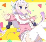  1girl bangs beads blue_eyes blunt_bangs blush capelet commentary_request dragon_girl dragon_horns dress eyebrows_visible_through_hair hair_beads hair_ornament hairband horns kanna_kamui kobayashi-san_chi_no_maidragon lavender_hair long_hair looking_to_the_side low_twintails outstretched_arms solo tail thigh-highs tomato_(lsj44867) triangle_mouth twintails white_legwear 